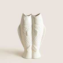 Chakra Çift Balık Figürlü Beyaz Stoneware Vazo Natural