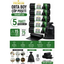 Çaylar Avm Premium Orta Boy Çöp Poşeti 55X60 cm 5'li Paket 15'li Rulo Toplam 75 Adet Dayanıklı Siyah Çöp Torbası