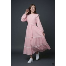 Cansın Mini Pembe Kız Çocuk Dantel Detaylı Çift Yaka Puantiyeli Uzun Elbise  24754