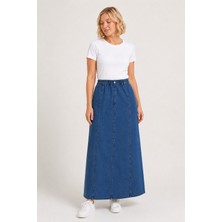 Bihan Store Beli Lastikli Dikiş Panelli Denim Maxi Etek Y26-7592-MAVI