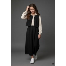 Cansın Mini Siyah Kız Çocuk Sıfır Kol Yelekli Gömlek Yaka Elbise Takımı 24748
