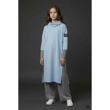 Cansın Mini Mavi Kapüşonlu Tunik Elbiseli Pantolonlu Kız Çocuk 3lü Takım 24746