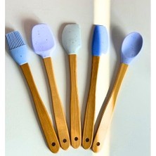 Mutfak Bambu Silikon Isıya Dayanıklı Kaşık Kepçe Takımı 5 Li Set Spatula & Fırça Mavi