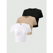 Öz Pamuk Kadın 3 Lü Adet Fitilli %100 Pamuklu Bisiklet Yaka Örme Kaşkorse Crop T-Shirt