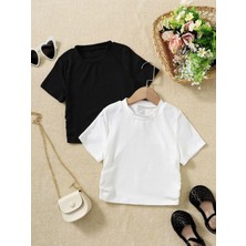 Öz Pamuk Kadın 3 Lü Adet Fitilli %100 Pamuklu Bisiklet Yaka Örme Kaşkorse Crop T-shirt