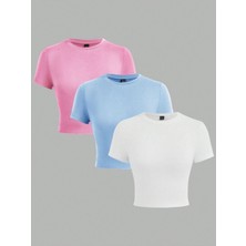 Öz Pamuk Kadın 3 Lü Adet Fitilli %100 Pamuklu Bisiklet Yaka Örme Kaşkorse Crop T-shirt