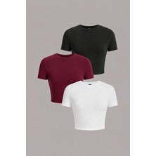 Öz Pamuk Kadın 3 Lü Adet Fitilli %100 Pamuklu Bisiklet Yaka Örme Kaşkorse Crop T-shirt