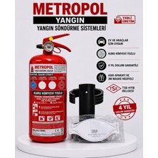 Metropol Yangın 2 kg Evlere Uygun Kuru Kimyevi Tozlu Yangın Söndürme Cizhazları ,yangın Tüpü Askı Aparatı + 3m Maske Hediyeli