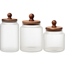 Welcomein Akasya Kapaklı 3’lü Cam Kavanoz Seti – Ribbed Desenli, 12X8 / 15X8 / 18X8 cm