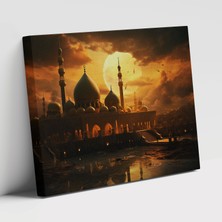 Painted Anarchy Altın Rengi Islam Hat Sanatı Akşam Vakti Cami Manzarası Çağdaş Sanat Kanvas Duvar Tablosu