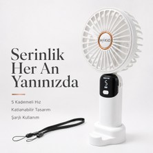 Mkio Şarjlı El Vantilatörü 5 Kademeli, Katlanabilir Dijital Ekranlı Mini El Fanı, 1200 Mah, 5 Pervaneli Güçlü Hava Akışı, Standlı Masaüstü Fan, USB Şarjlı -Beyaz