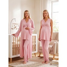 Lohussa Yeni Sezon Pembe Şal Yaka Dantel Detaylı Yazlık Özel Tasarım Emzirme Özellikli %100 Pamuk Hamile Lohusa Sabahlık Pijama Takımı Seti