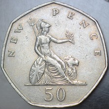 Banknoting Birleşik Krallık 50 Pence 1969 Kraliçe Iı. Elizabeth. 30 mm Ingiltere.