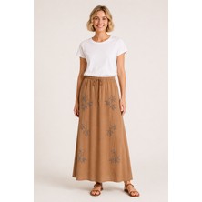 Bihan Store Kadın Nakışlı Beli Bağcıklı Maxi Etek 39048-KAHVE