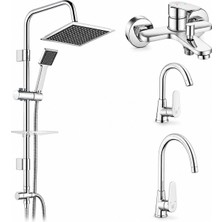 ECA E.c.a Ar Fast Banyo Bataryası + Ar Fast Kuğu Borulu Lavabo Bataryası + Ar Fast Eviye Bataryası + Tema 53260 Quadro Rain Pratik Duş Sistemi