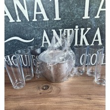 Sanat Taciri 6 Adet Kalın Cam Rakı Bardağıve Paslanmaz Çelik Buz Kovası