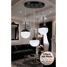 Güneş Model 3"lü Siyah 3 Renk Modu Ledli Kristal Taşlı Modern Salon Mutfak Oturma Odası LED Avize