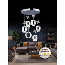 Mozaik Model 6'lı Gümüş 3 Renk Modu Ledli Kristal Taşlı Modern Salon Mutfak Oturma Odası LED Avize