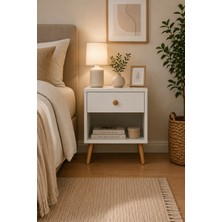 Yatak Odası Komodin Beyaz Ceviz Çekmeceli Minimalist Basic Ayaklı
