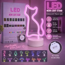 Grand Concept Store LED Neon Light Stand Kedi Figürlü Masa Lambası Dekoratif Gece Lambası Pembe