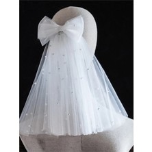 Bba New Trend Çift Katlı Boncuklu Fiyonk Duvak - Gelin Duvağı, Nikah, Duvağı,tül, Beyaz ,beyaz Incili Duvak 40CM