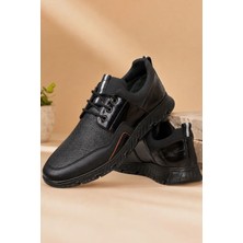 Zueofficial Hakiki Deri Erkek Günlük Ayakkabı Siyah Bağcıklı Ortopedik Taban Rahat Klasik Casual Sneaker