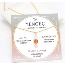 Taşmir Yengeç Burcu Doğal Taş Altın Kaplama Zincirli Kolye Aytaşı, Karnelyan ve Pembe Kuvars