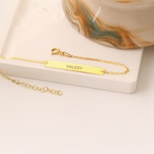 Nox Jewelry 925 Ayar Gümüş 14 Ayar Altın Kaplama Kişiye Özel İsim Yazılı Dikdörtgen Plaka Bileklik - CB00103