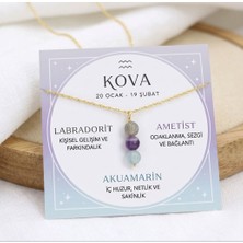 Taşmir Kova Burcu Doğal Taş Altın Kaplama Zincirli Kolye - Labradorit, Ametist & Akuamarin