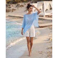 Minaaise Kadın Asimetrik Transparan Triko Panço Mavi 31228