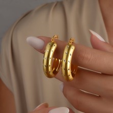 Nox Jewelry 14 Ayar Altın Kaplama Geniş Bant Mat ve Desenli Halka Gümüş Küpe - E00313