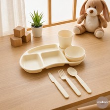 Melkan Home 5 Bölmeli Kahvaltılık Tabildot Kase Bardak Çatal Bıçak Kaşık Set Krem Tabldot Seti 6 Parça