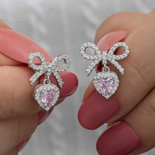 Miku Design Gümüş Fiyonk Pembe Taşlı Kalpli Çivili Kadın Küpe