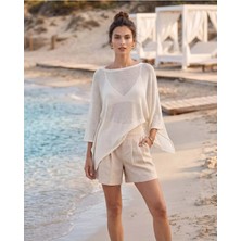 Minaaise Kadın Asimetrik Transparan Triko Panço Ekru 31228