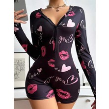 Lizbon Center Pamuklu Kırmızı Öpücük ve Kalp Desenli Düğmeli Uzun Kol Tulum Pijama