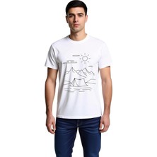 PayBuy Erkek Tişört %100 Pamuk Kamp Çadır Dağ Güneş Line Art Baskı Rahat Kesim Doğa Teması Günlük Modern