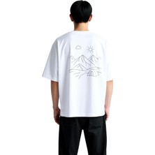 PayBuy Erkek Oversize Tişört Dağ Çadır Güneş Bulut Line Art Baskı Rahat Kesim Günlük Modern Şık Konforlu