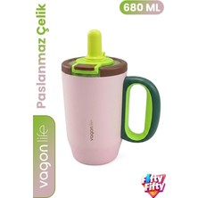 Zemira 680 ml Tek Kapak Çift Kullanım Pipetli Rahat Içim Kulplu Paslanmaz Çelik Termos Mug FFVGN1113-680ML