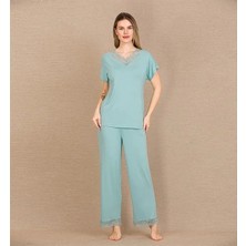 Lizbon Center Viskon Şık Tasarım Dantel Işlemeli Mint Yeşil Kısa Kol Pijama Takımı