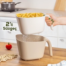 Zemira Porsima G-576 2 Parça Plastik Süzgeç Çok Amaçlı Makarna Meyve Sebze Pirinç Yıkama Süzgeci Bej Beyaz