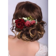 Zemira Kercisbeauty Kırmızı Gül Bordo Saç Tarağı Gelin Düğün Gelin Saç Bandı Bordo Çiçekli Tarak F