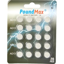 Zemira 20 x Poundmax LR44 AG13 1,5 V Poundmax Alkalin Düğme Pil, Cıvasız, Sızdırmaz, Uzun Süreli Dayanıklı