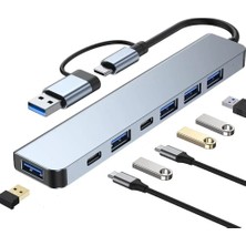 Zemira Alüminyum USB Hub 7 In 1 Usb/type-C To USB A, USB C, USB 2.0/3.0 Çevirici Adaptör Çok Portlu Tak Ça
