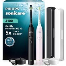 Zemira Türk Sonicare 3100 Sonic Şarjlı Fırçası 2'li Paket, Siyah Toz Pembe, 5 Kat Plak Temi