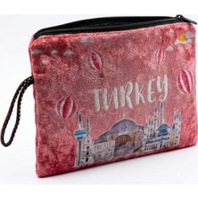 Zemira Turkey Yazılı Balon Cami Desenli Kadife El Çantası - Fermuarlı Pembe Çingene Kadife Makyaj Çanta