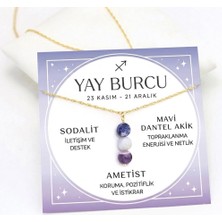 Taşmir Yay Burcu Doğal Taş Altın Kaplama Zincirli Kolye - Sodalit, Mavi Akik & Ametist