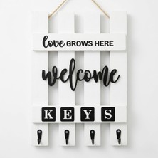 Zemira Ahşap Anahtar Askılığı, Beyaz, Duvar Montajlı, Farmhouse Tarzı, 'love Grows Here Welcome' Yazılı, 4