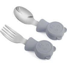 Zemira Valkyrie 304 Çelik Panda Bebek Kaşık Çatal Setisilikon Saplı Bpa Içermez Ergonomik Kaymaz Gri
