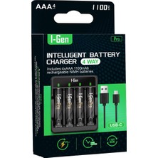 Zemira I-Gen G411 4'lü Pil Aleti + 4 Adet Aaa Pro 1100 Mah Şarjlı Ince Kalem Pilli Set