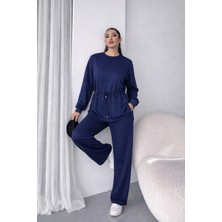 Aselia Global Kadın Uzun Kollu Bisiklet Yaka Belden Büzgülü Bağcıklı Viskon Iki Iplik Bluz ve Pantolon Ikili Takım